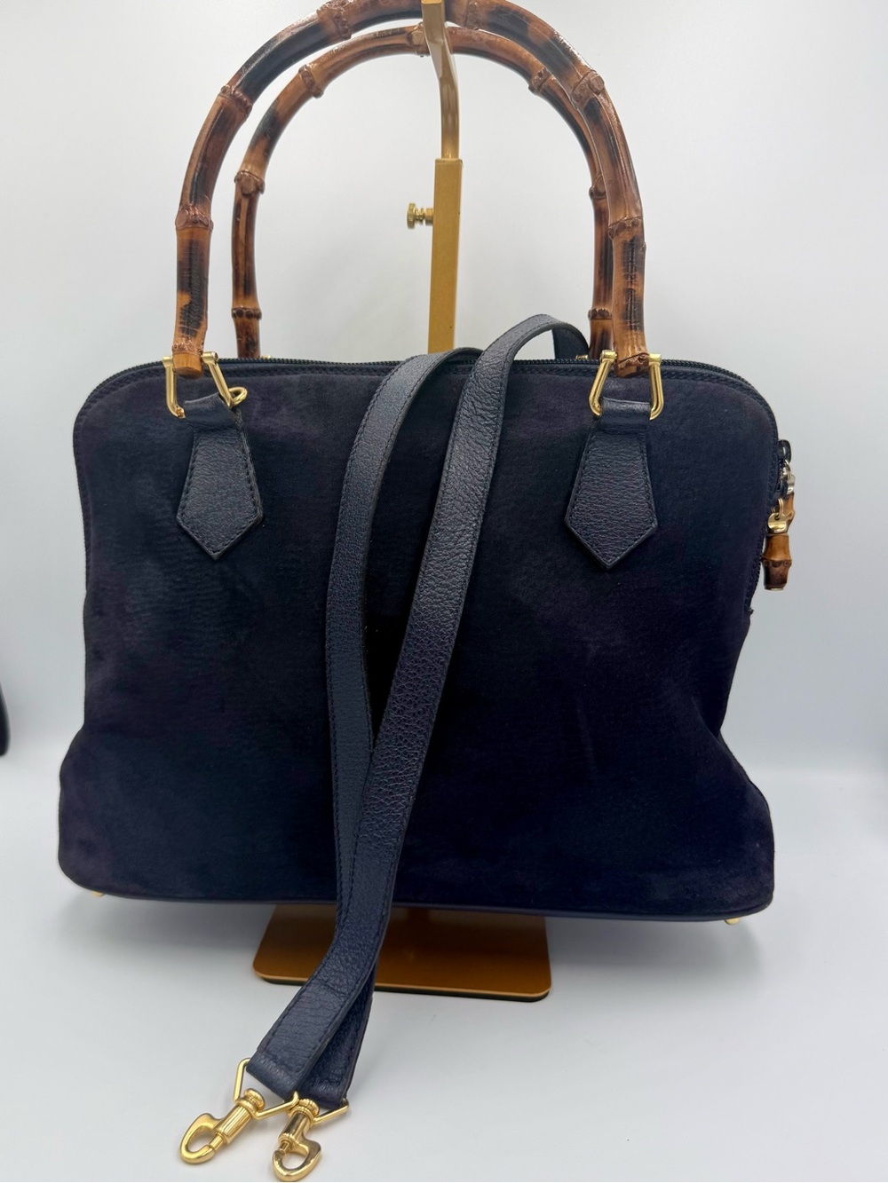Vintage Navy Blue Suede Gucci Bamboo Handbag with Gold Hardware